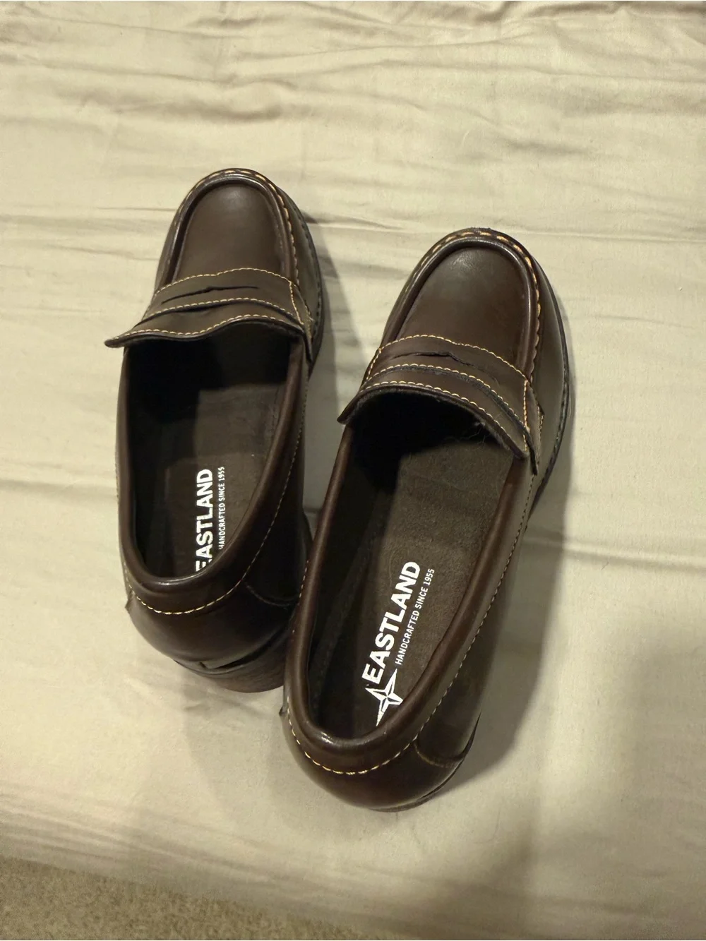 Eastland Brown Leather Penny Loafers with Stacked Heel